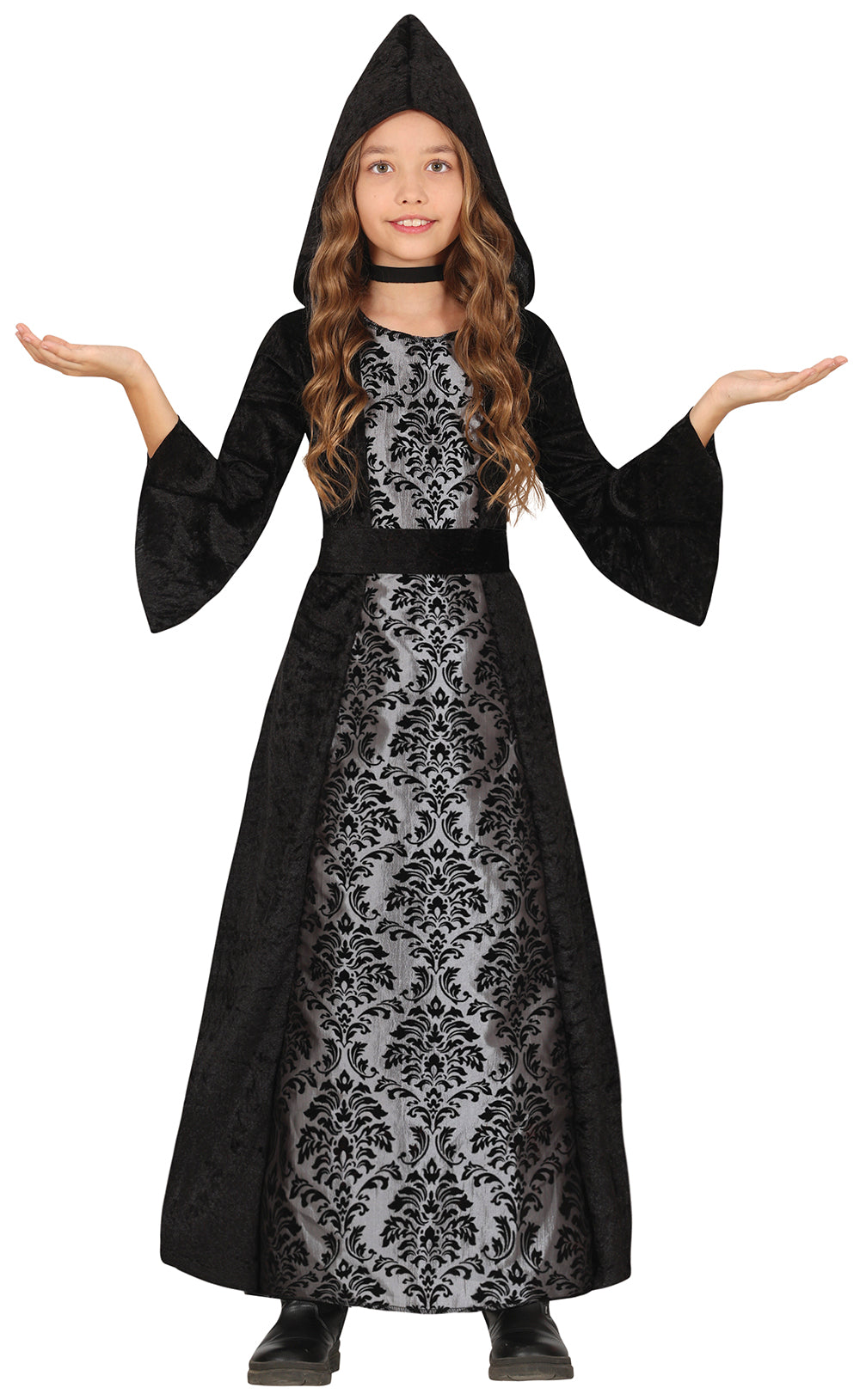GP78354 – Mittelalter Prinzessin Kapuzenkleid – Größe: 110/116, 128/134, 140/146 – Farbe: Schwarz