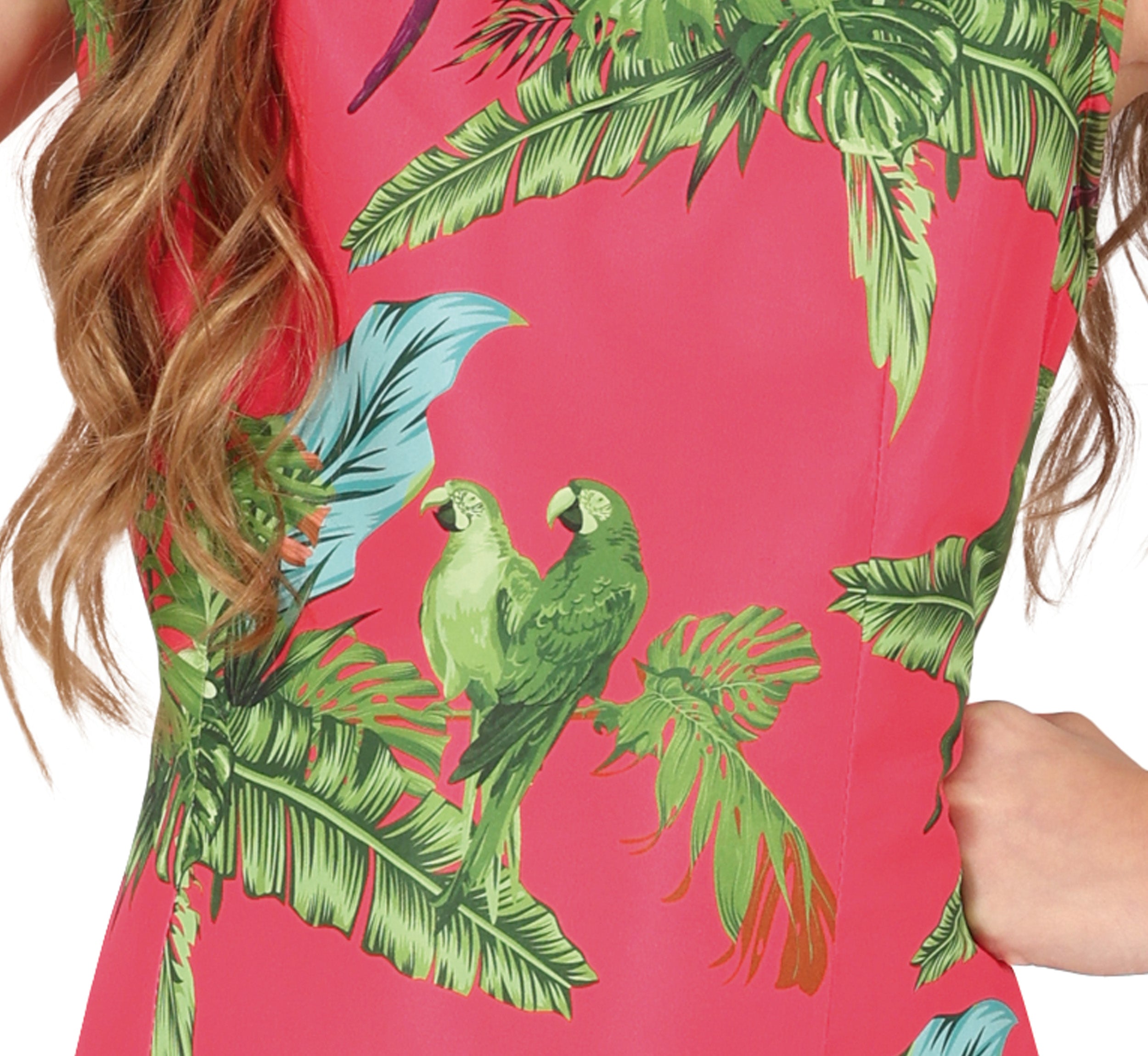 GP78431 – Sommerparadies Kleid Papagei Blumen Tropisch – Größe: 98/104, 110/116, 128/134, 140/146 – Farbe: Pink