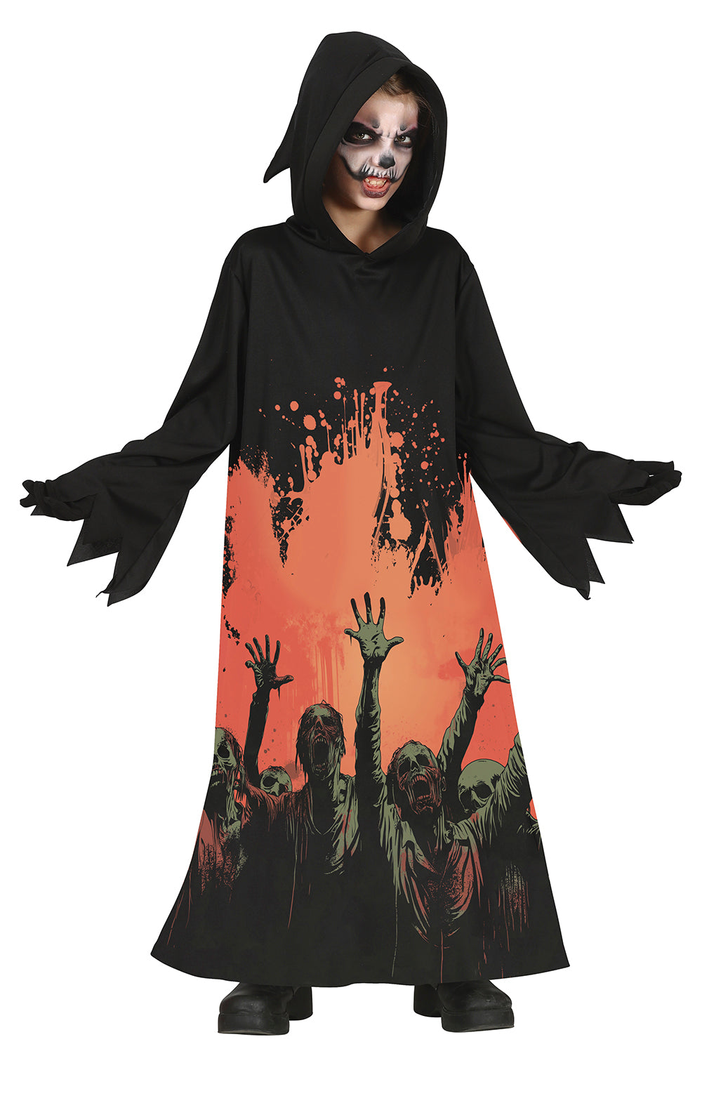 GP78620 – Zombie Halloween Gewand Kinderkostüm – Größe: 110/116, 128/134, 140/146 – Farbe: Schwarz / Rot