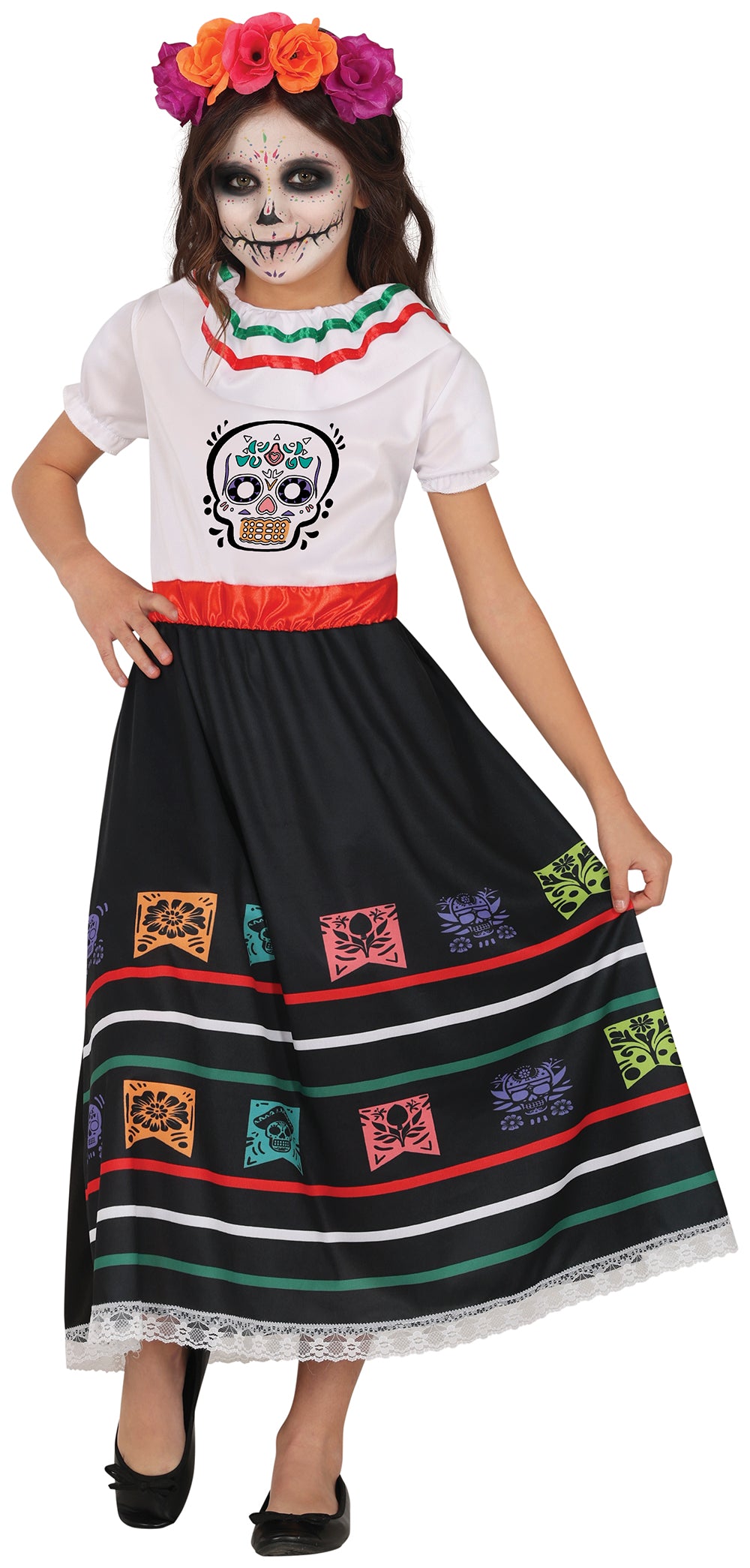 GP78670 – Tag Der Toten Catrina Kostüm – Größe: 110/116, 140/146 – Farbe: Weiß / Schwarz