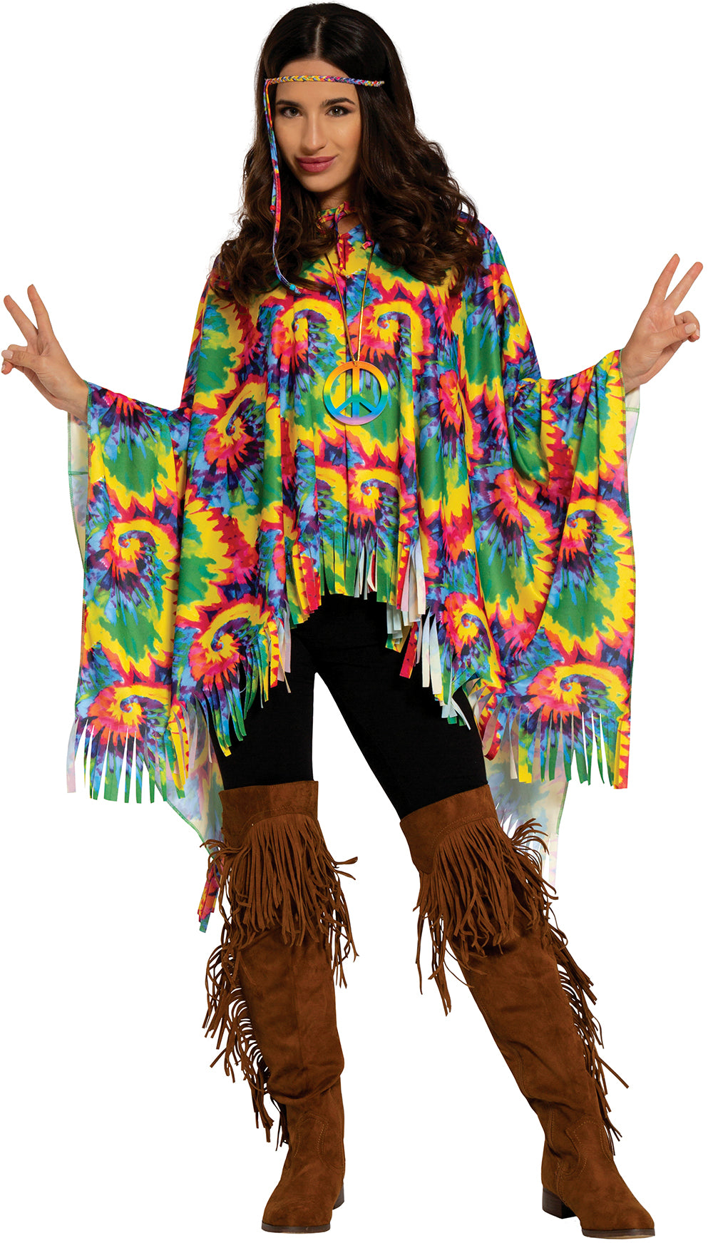GP79223 – Hippie Karneval Poncho Set Bunte Fransen – Größe: 42 - 44 (L) – Farbe: Mehrfarbig