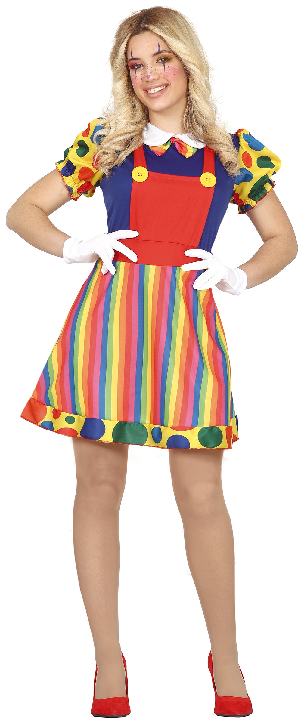GP79393 – Clown Kostüm Karneval Buntkleid – Größe: 38 - 40 (M), 44 - 46 (XL) – Farbe: Mehrfarbig