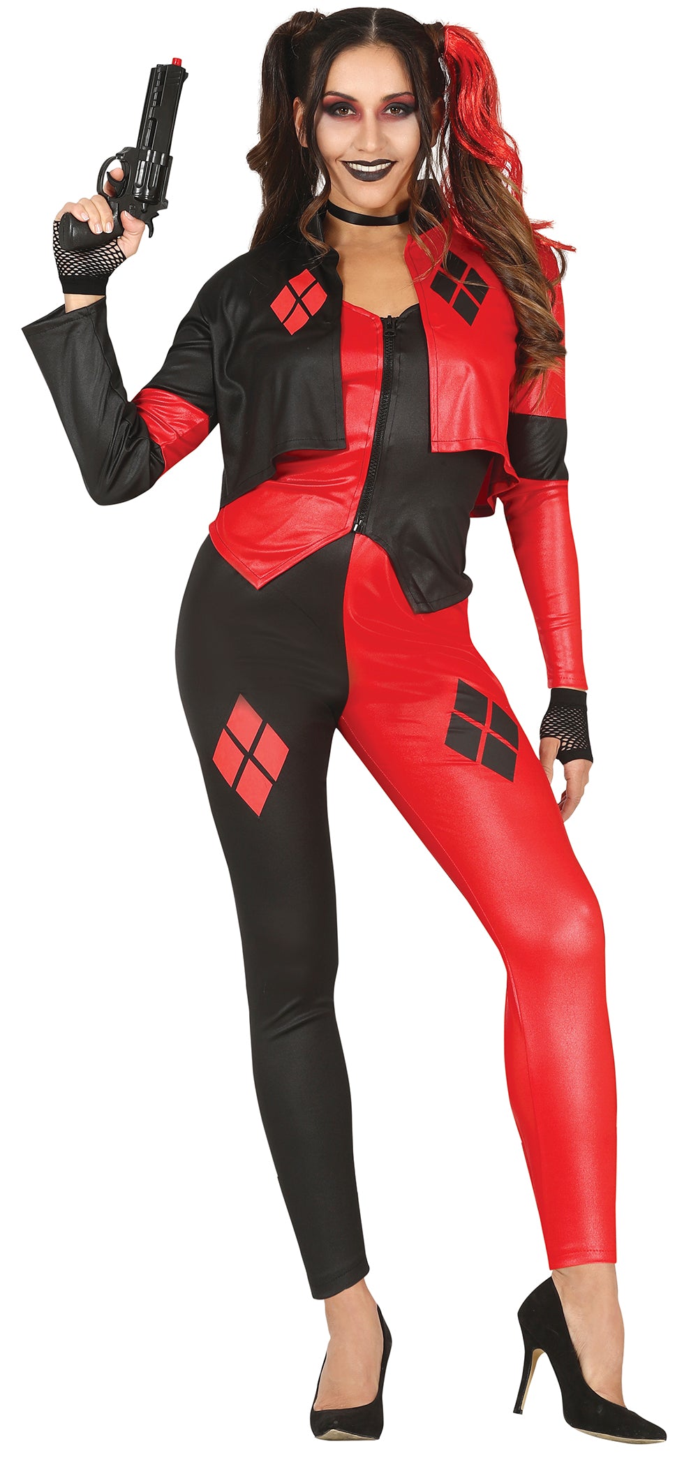 GP79523 – Harlekin Bösewicht Kostüm Rot Schwarz Jumpsuit – Größe: 36 - 38 (S) – Farbe: Schwarz