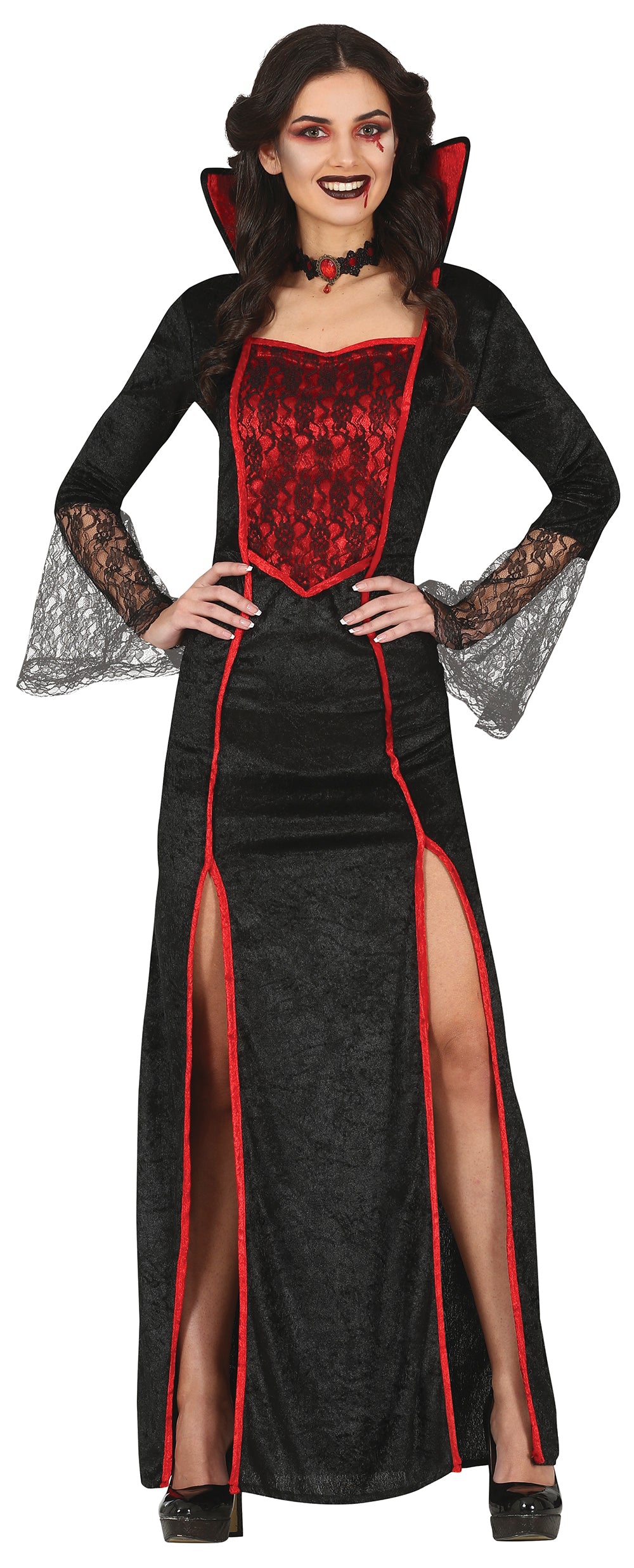 GP79536 – Vampir Königin Kleid Schwarz Rot – Größe: 42 - 44 (L) – Farbe: Schwarz