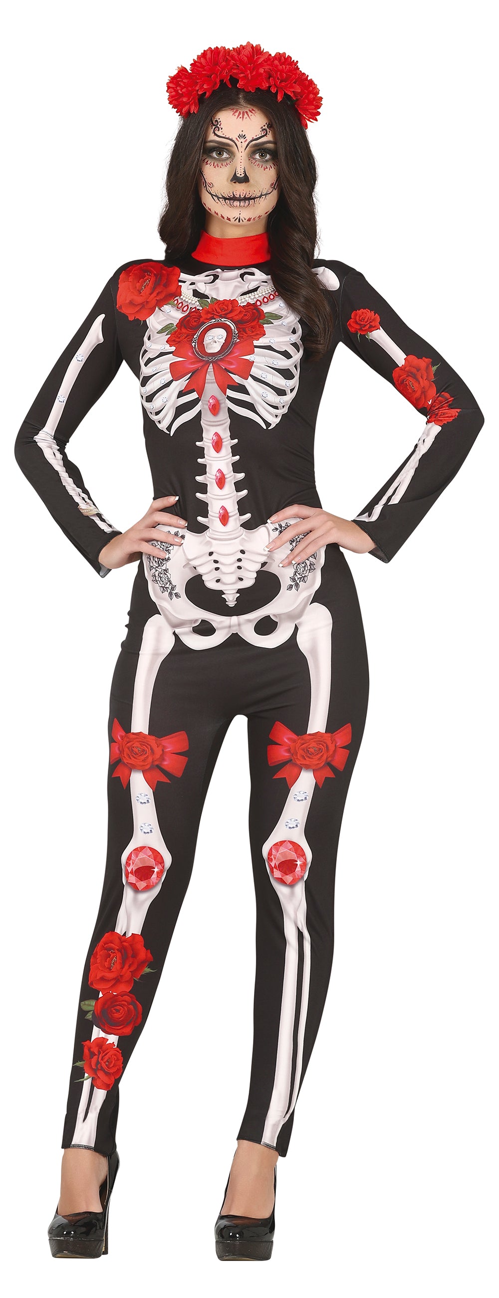 GP79578 – Skelett Blumen Jumpsuit Knochenmuster – Größe: 42 - 44 (L) – Farbe: Schwarz