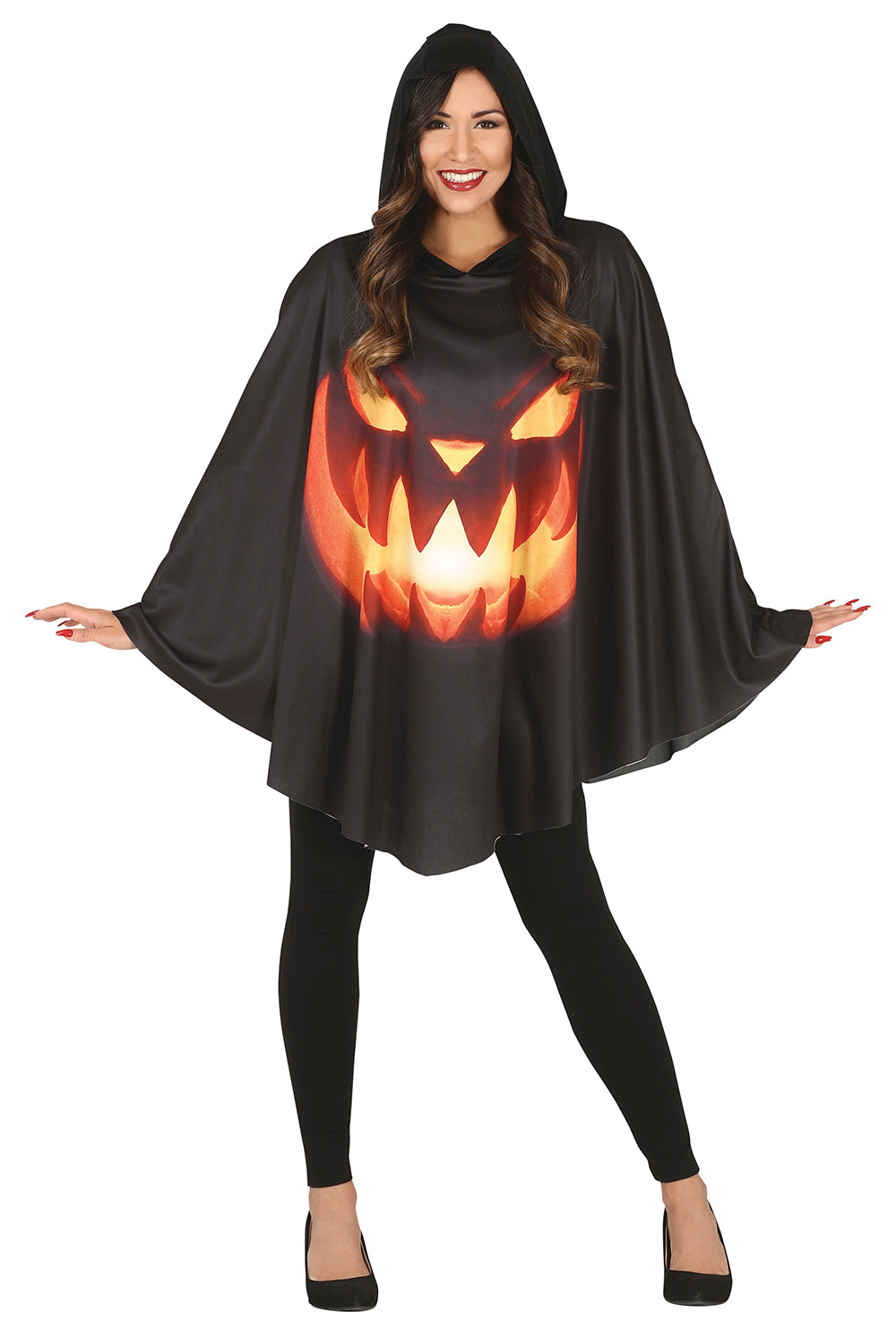 GP79584 – Halloween Kapuzenponcho Kürbis Design Grusel – Größe: 42 - 44 (L) – Farbe: Schwarz