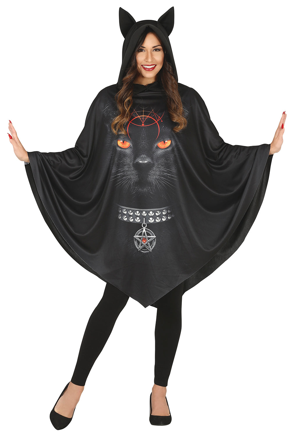 GP79585 – Halloween Hexenkatze Poncho Umhang – Größe: 42 - 44 (L) – Farbe: Schwarz