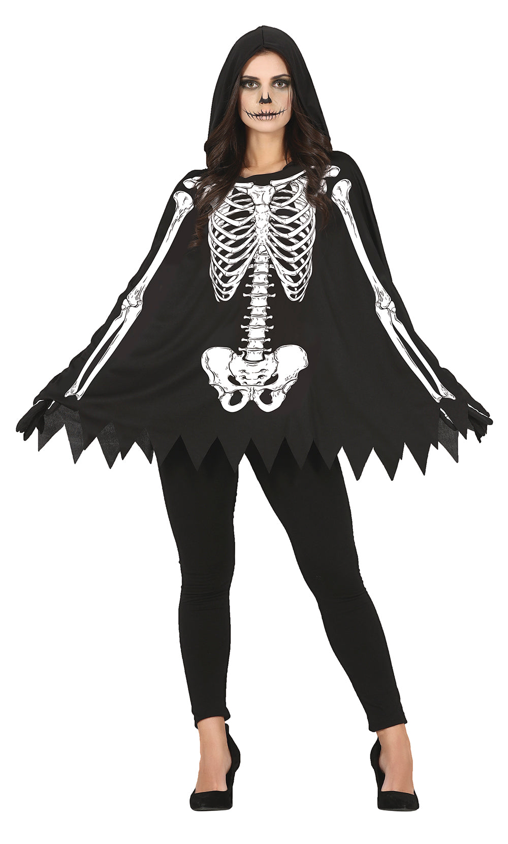 GP79588 – Skelett Umhang Halloween Poncho Mit Kapuze – Größe: 42 - 44 (L) – Farbe: Schwarz