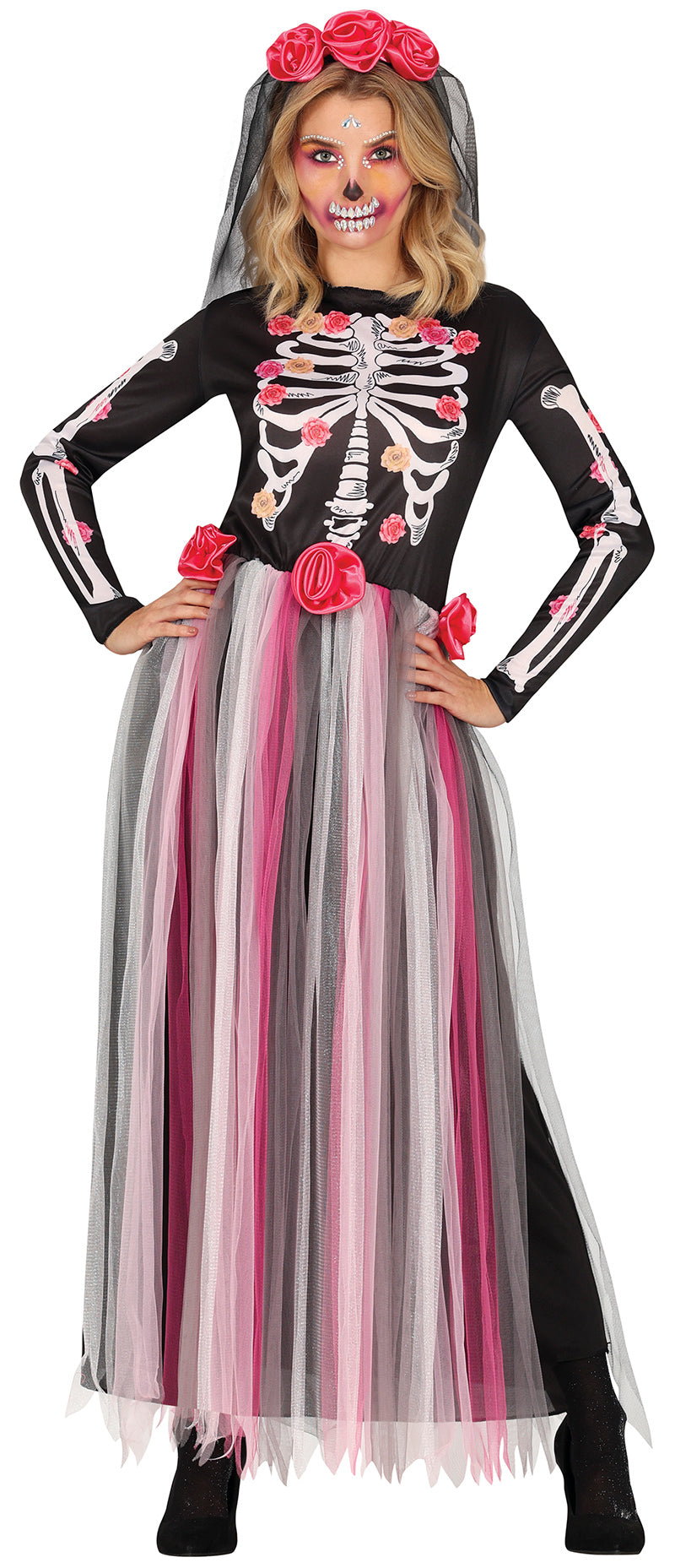GP79847 – Mexiko Halloween Skelett Blütenzauber – Größe: 36 - 38 (S) – Farbe: Schwarz