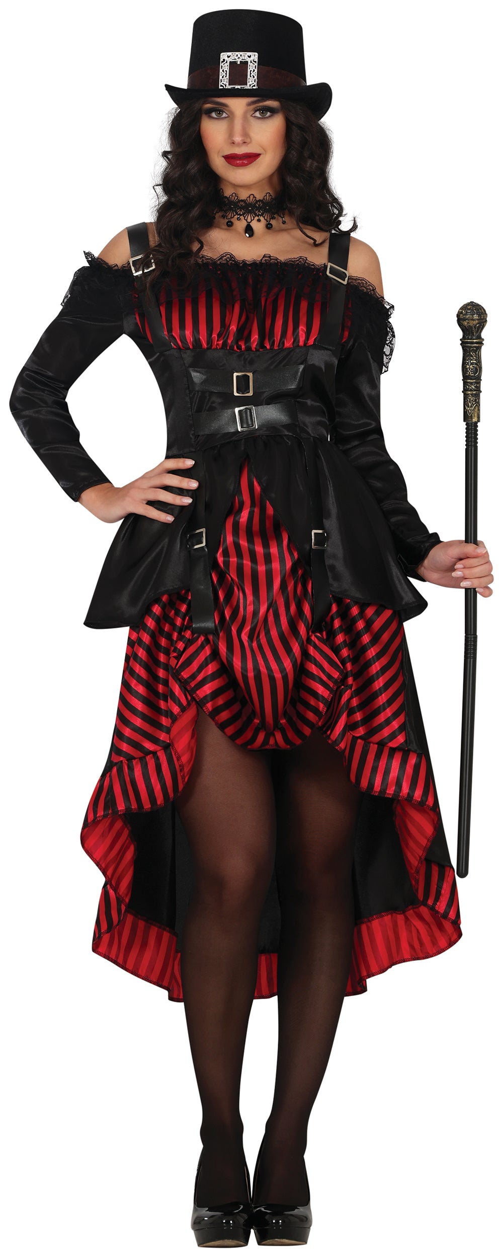 GP79907 – Steampunk Gothic Halloween Kleid Mit Zylinder – Größe: 36 - 38 (S), 38 - 40 (M), 42 - 44 (L) – Farbe: Schwarz / Rot