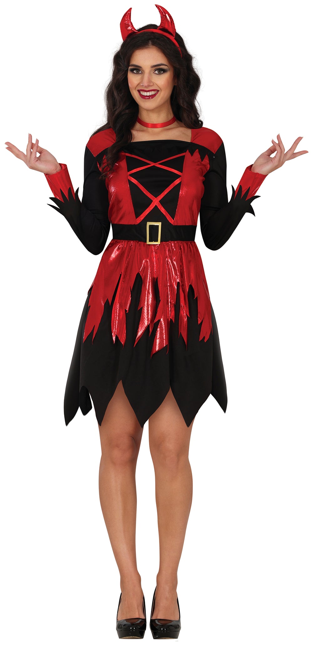 GP79912 – Dämonisches Halloween Kostüm Mit Hörnern – Größe: 36 - 38 (S), 38 - 40 (M), 42 - 44 (L) – Farbe: Rot / Schwarz