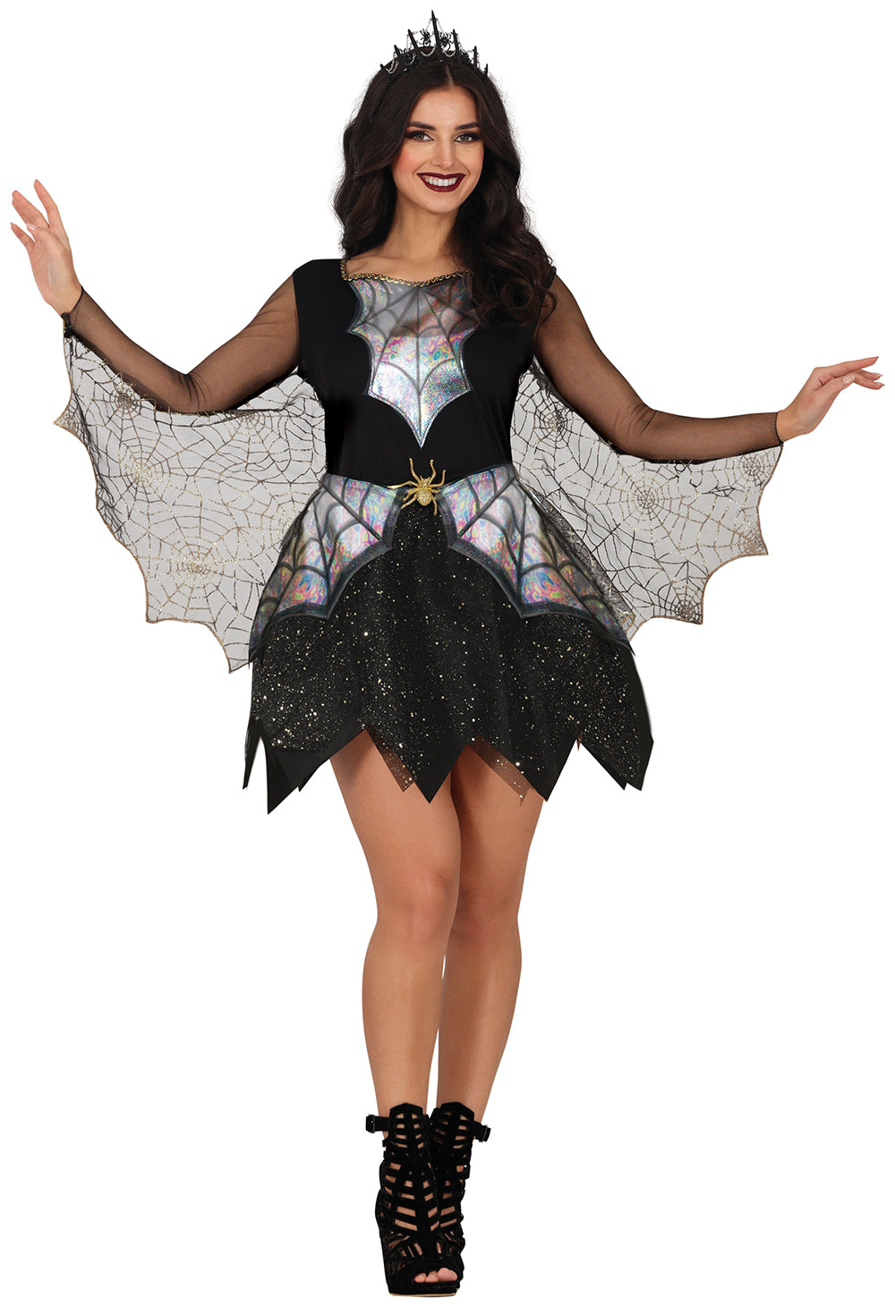 GP79918 – Spinnenkönigin Halloween Glitzer Kostüm – Größe: 36 - 38 (S), 38 - 40 (M), 42 - 44 (L) – Farbe: Schwarz