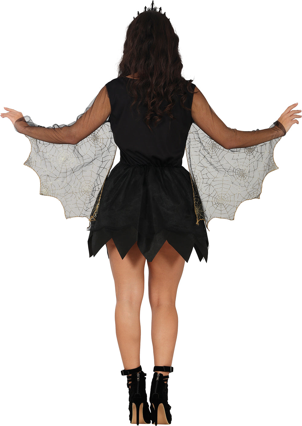 GP79918 – Spinnenkönigin Halloween Glitzer Kostüm – Größe: 36 - 38 (S), 38 - 40 (M), 42 - 44 (L) – Farbe: Schwarz