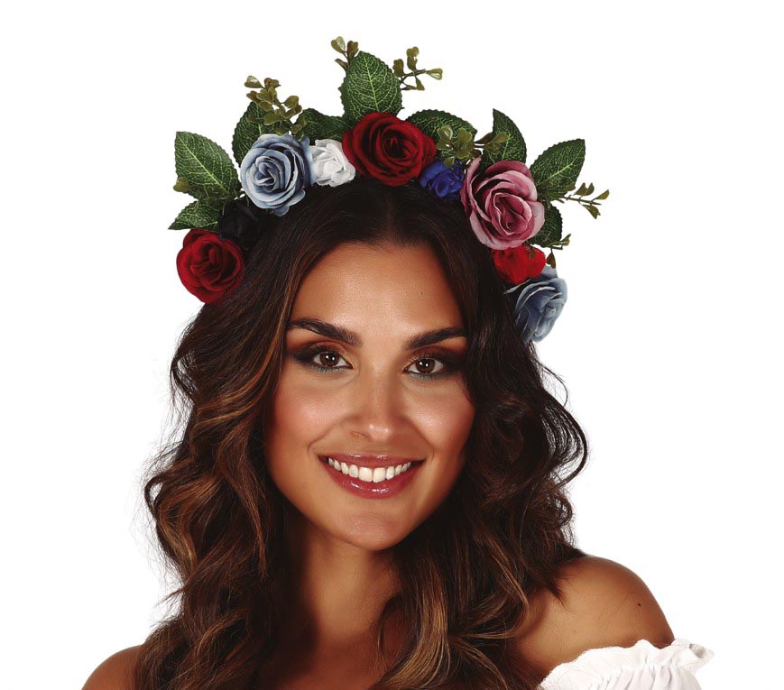 GP17971 – Blumen Haarreif für Damen mit Rosen und Blättern – Farbe: Mehrfarbig