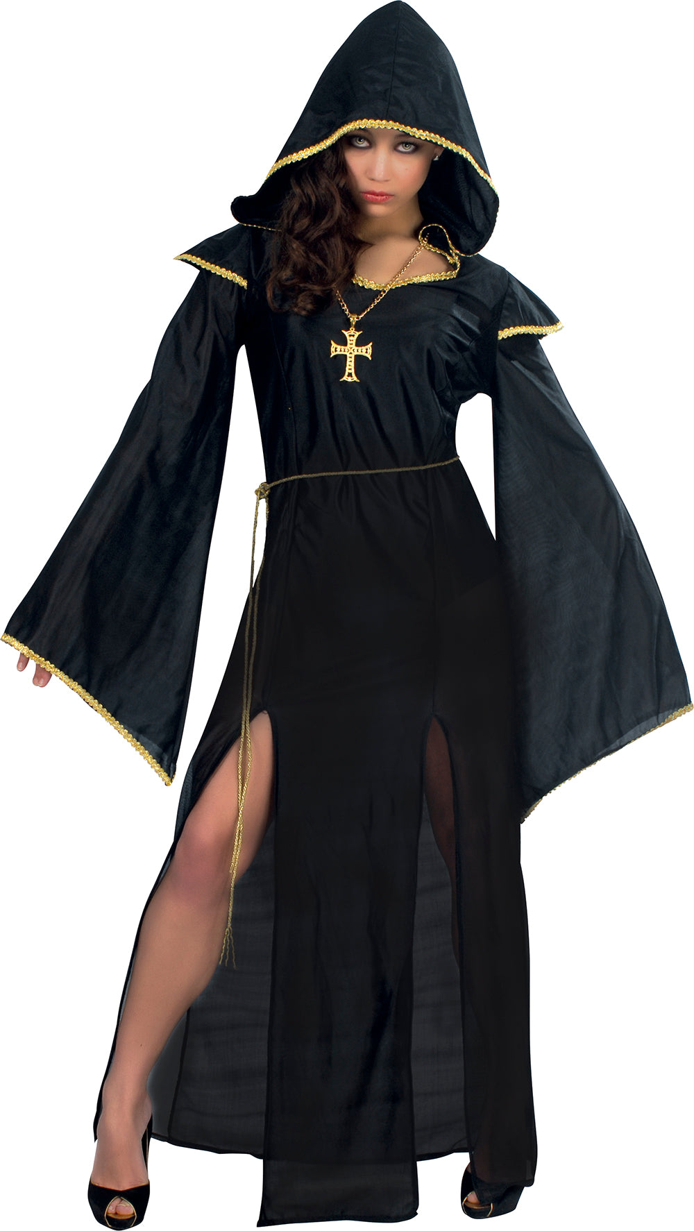 GP80214 – Halloween Priesterin Gewand Kapuzenkleid – Größe: 42 - 44 (L) – Farbe: Schwarz