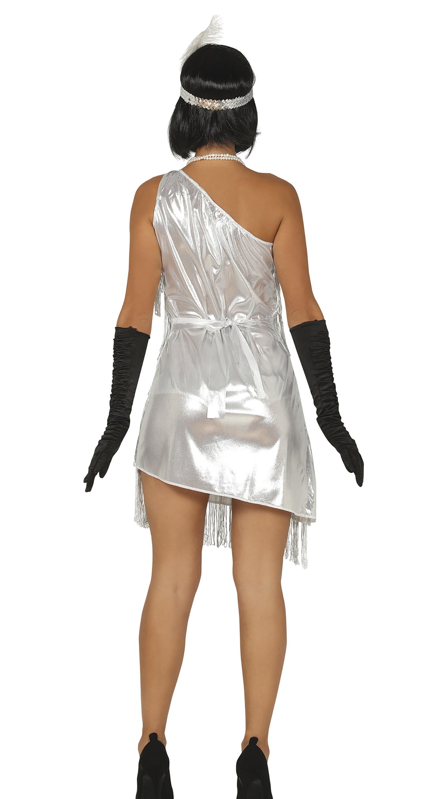 GP80488 – 20S Glamour Flapper Kleid Mit Federn – Größe: 38 - 40 (M) – Farbe: Silber