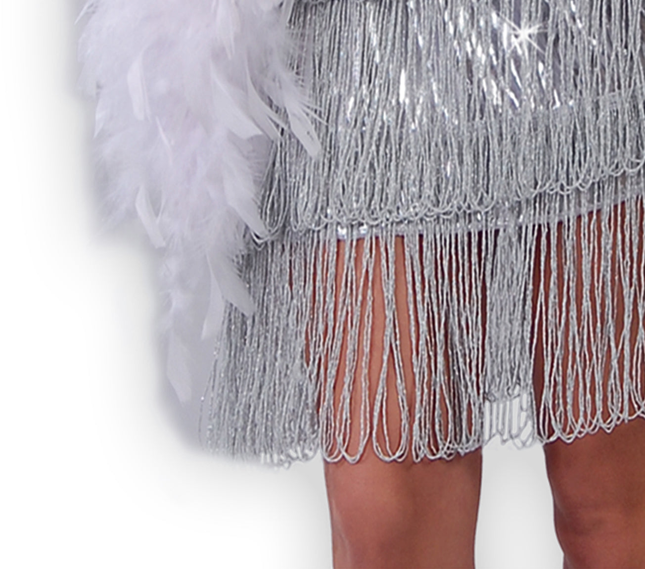 GP80488 – 20S Glamour Flapper Kleid Mit Federn – Größe: 38 - 40 (M) – Farbe: Silber