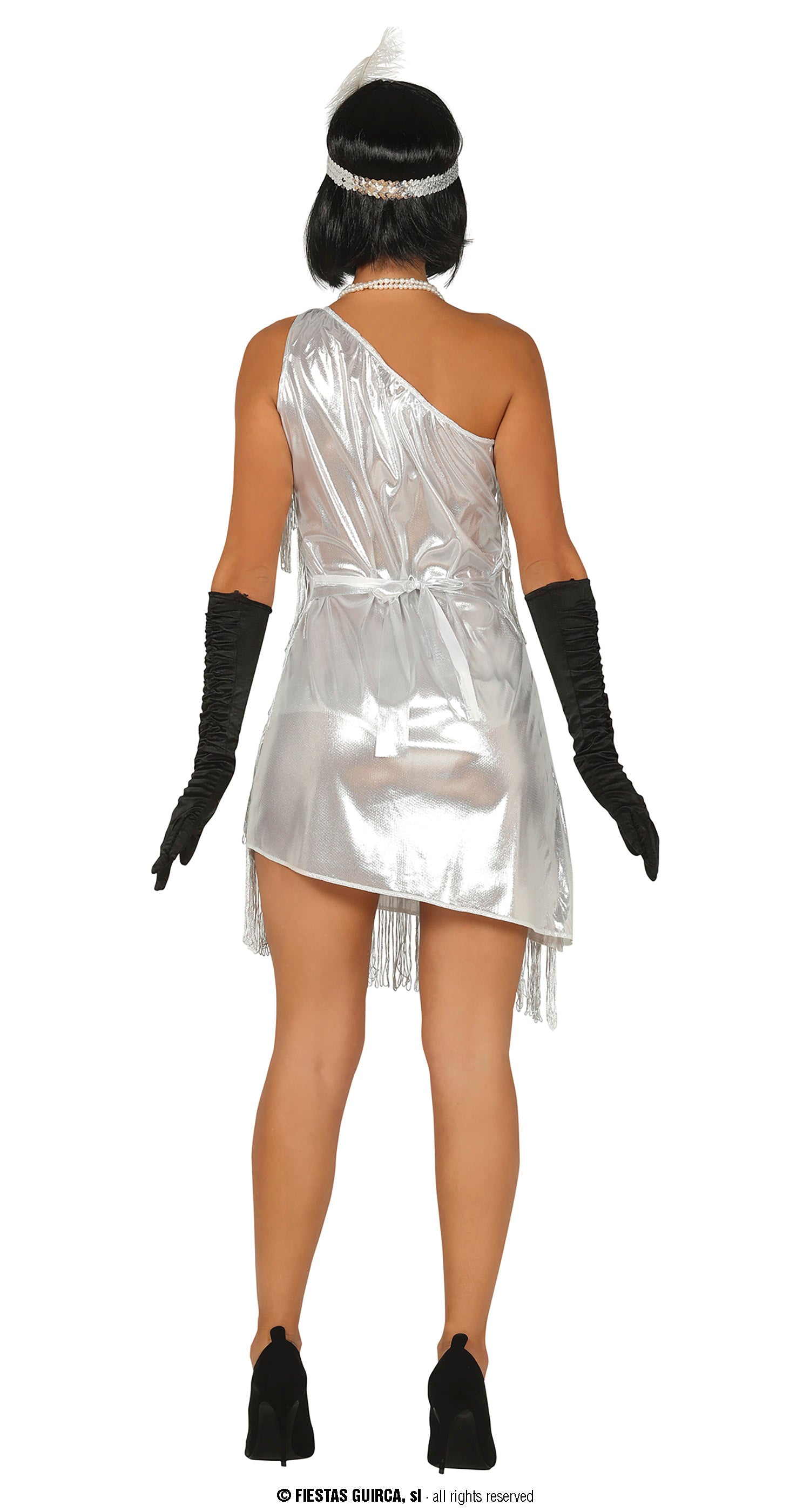 GP80488 – 20S Glamour Flapper Kleid Mit Federn – Größe: 44 - 46 (XL) – Farbe: Silber
