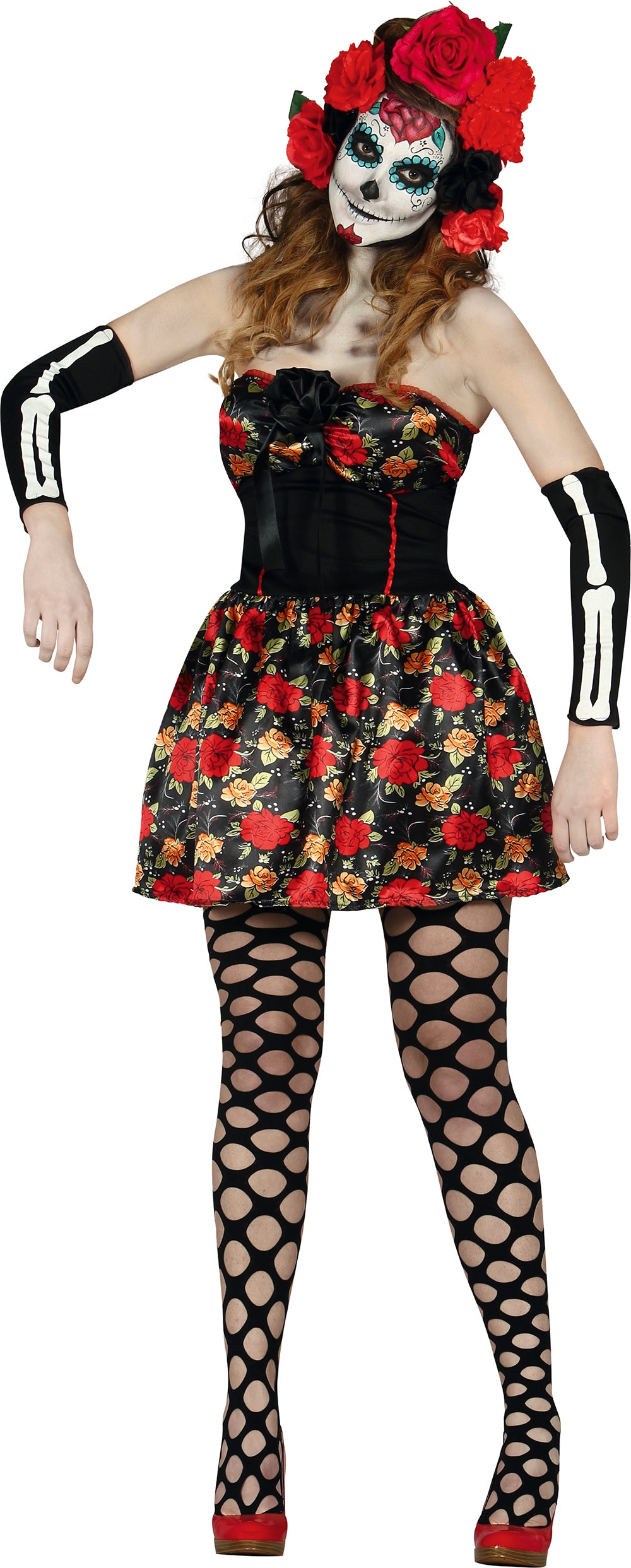 GP80937 – Mexikanischer Skelett Halloween Blumenkunst – Größe: 38 - 40 (M) – Farbe: Schwarz