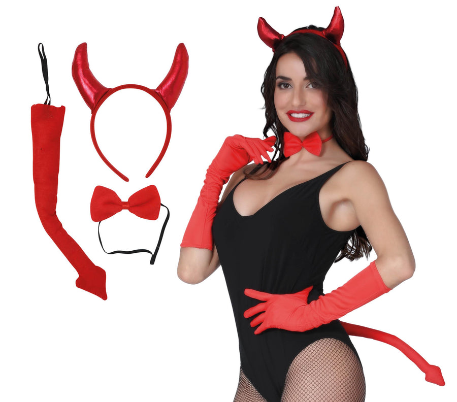 Teufelin Set für Damen rot mit Hörnern
