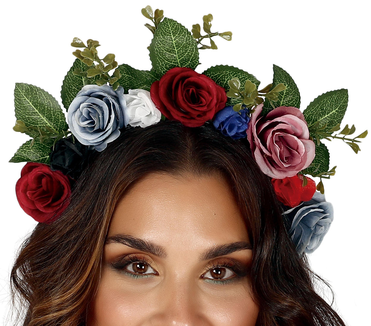GP17971 – Blumen Haarreif für Damen mit Rosen und Blättern – Farbe: Mehrfarbig