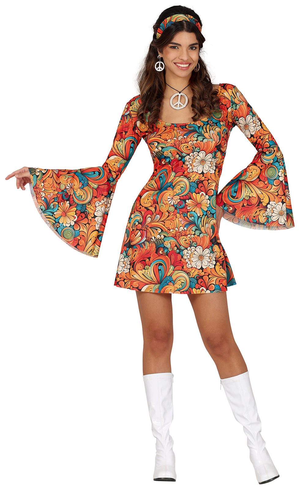 GP86057 – Hippie 70s Blumenmuster Stirnband Kleid – Größe: 36 - 38 (S), 38 - 40 (M), 42 - 44 (L) – Farbe: Mehrfarbig