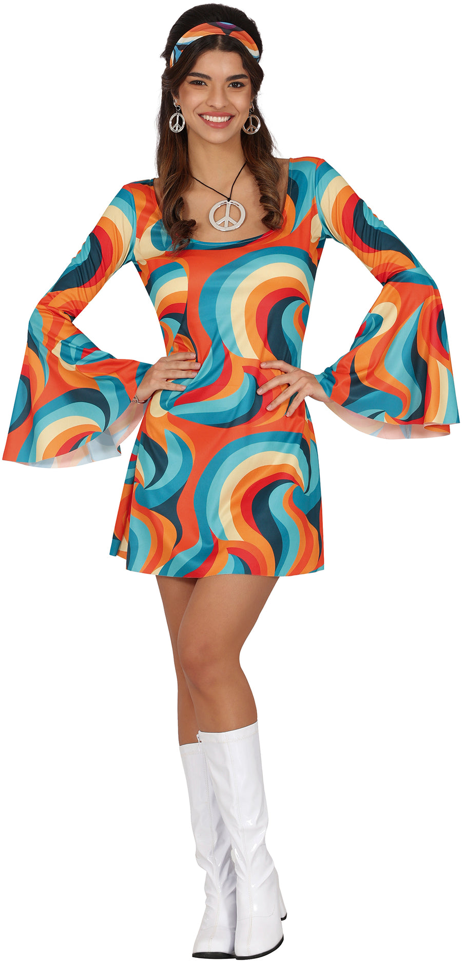 Hippie Kleid für Damen mit Kopfband 70er Jahre