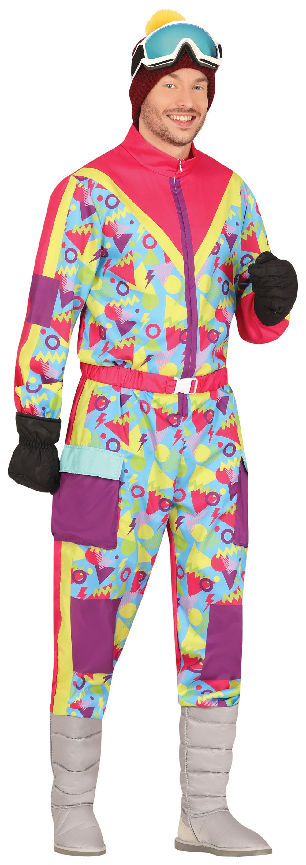 GP86237 – 80S Karneval Bunter Anzug Retro Skikostüm – Größe: 46 - 48 (S), 48 - 50 (M), 52 - 54 (L) – Farbe: Mehrfarbig