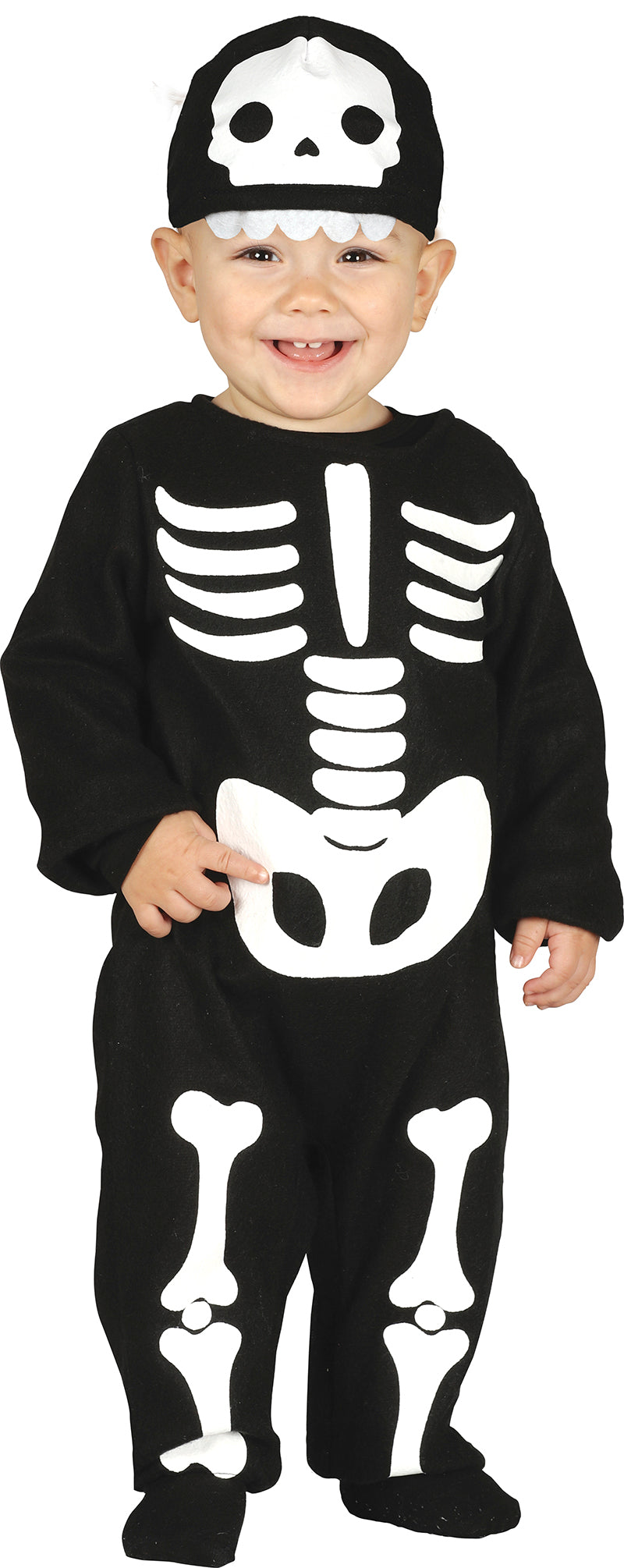 GP87010 – Skelett Halloween Kostüm Overall Mütze – Größe: 92/98, 74/80, 86/92 – Farbe: Schwarz