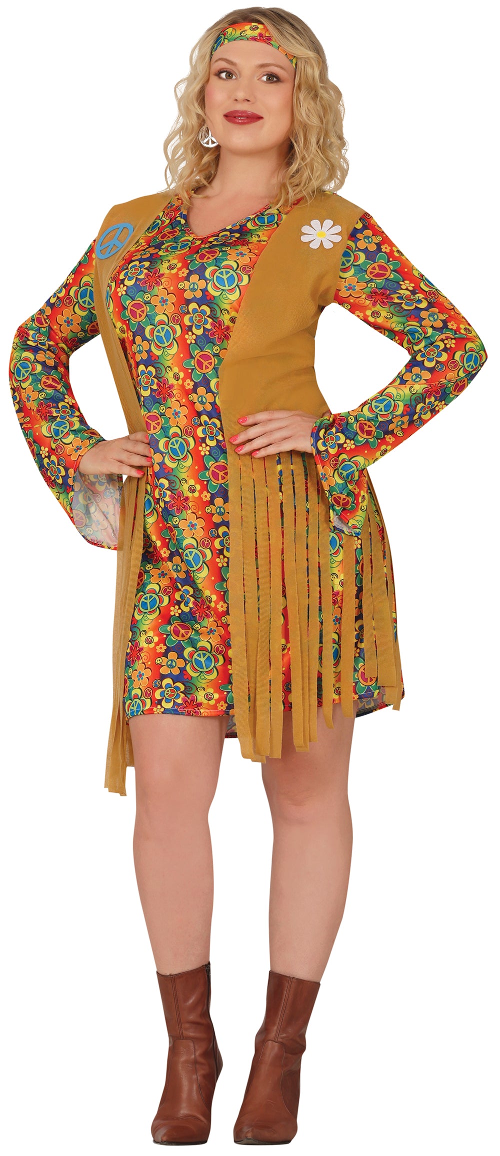 GP88173 – Hippie Karneval Gewand Blumige – Größe: 44 - 46 (XL) – Farbe: Braun