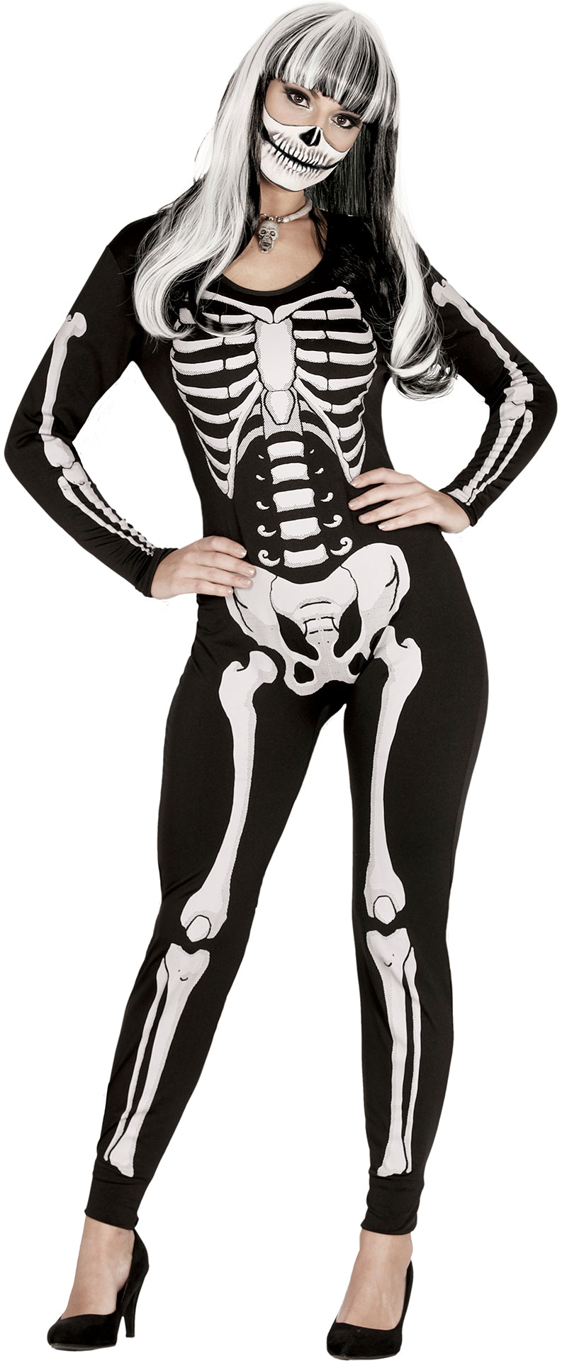 GP88039 – Skelett Halloween Jumpsuit Kostüm Grusel – Größe: 38 - 40 (M) – Farbe: Schwarz