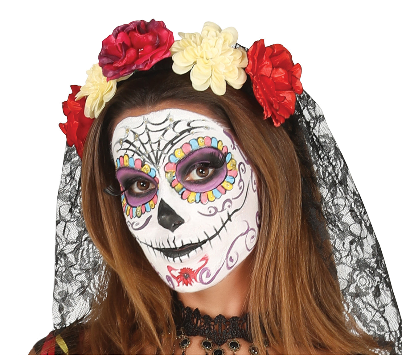 GP88067 – Halloween Fiesta Mexiko Kostüm Bunter Totenkopf – Größe: 38 - 40 (M) – Farbe: Schwarz
