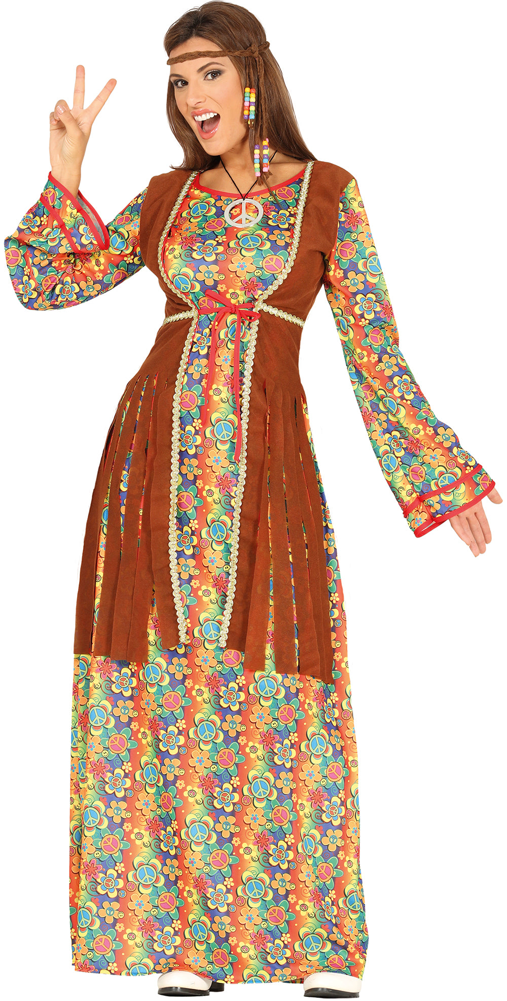 GP88289 – Hippie Flower Power Kleid 60s – Größe: 36 - 38 (S) – Farbe: Braun