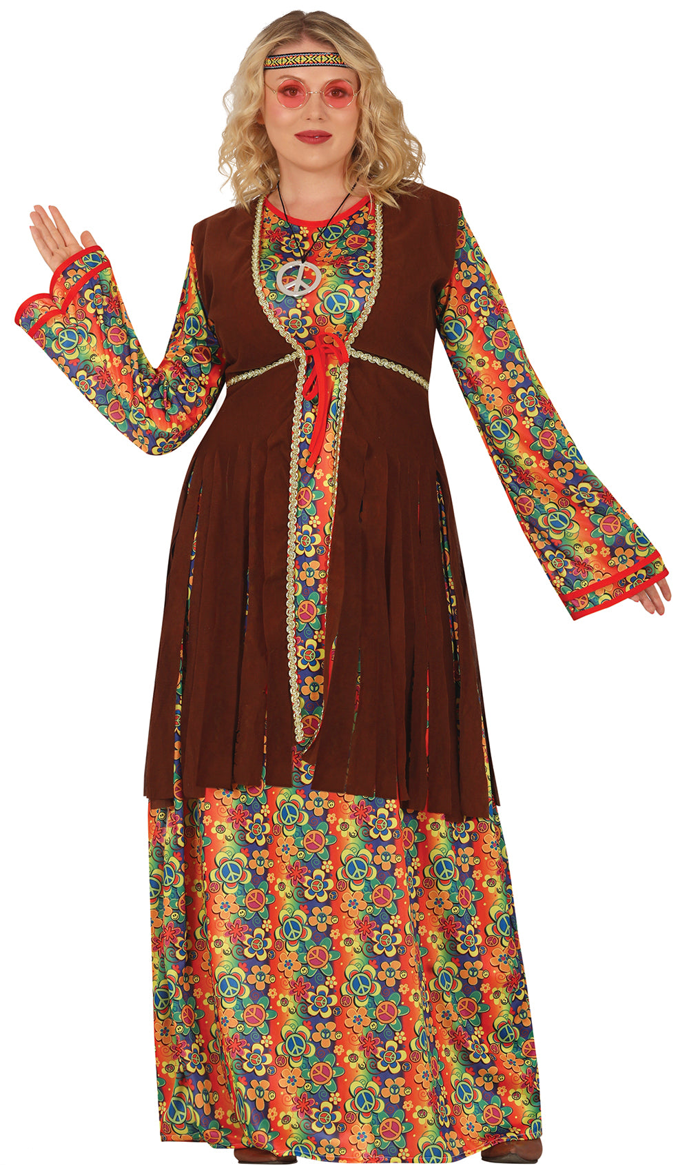 GP88289 – Hippie Flower Power Kleid 60s – Größe: 44 - 46 (XL) – Farbe: Braun