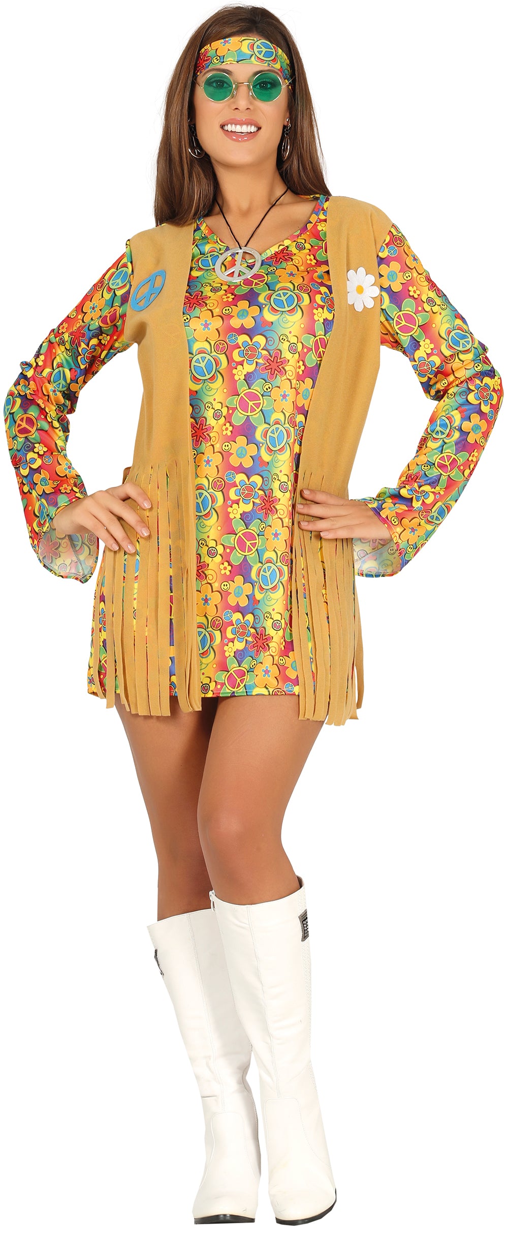 GP88173 – Hippie Karneval Gewand Blumige – Größe: 36 - 38 (S) – Farbe: Braun
