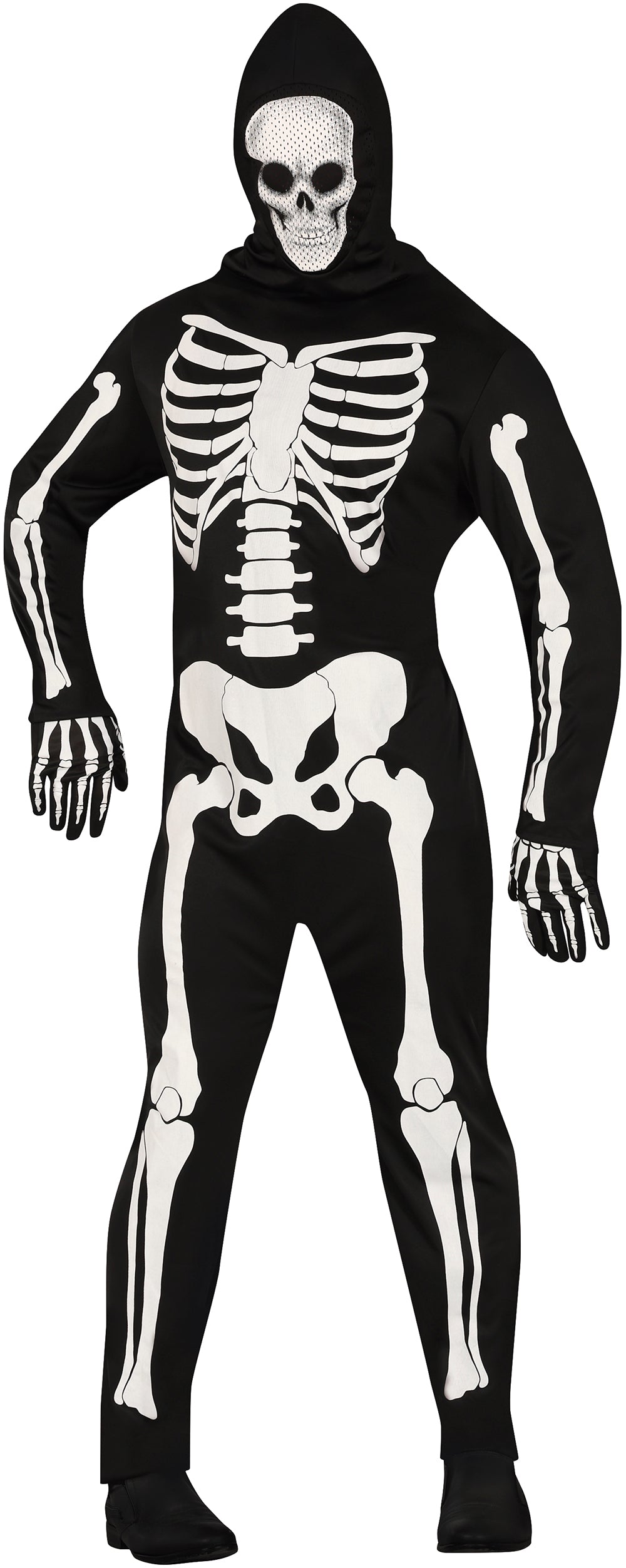 GP88861 – Skelett Halloween Ganzkörperanzug Kapuzenkostüm – Größe: 48 - 50 (M), 52 - 54 (L) – Farbe: Schwarz