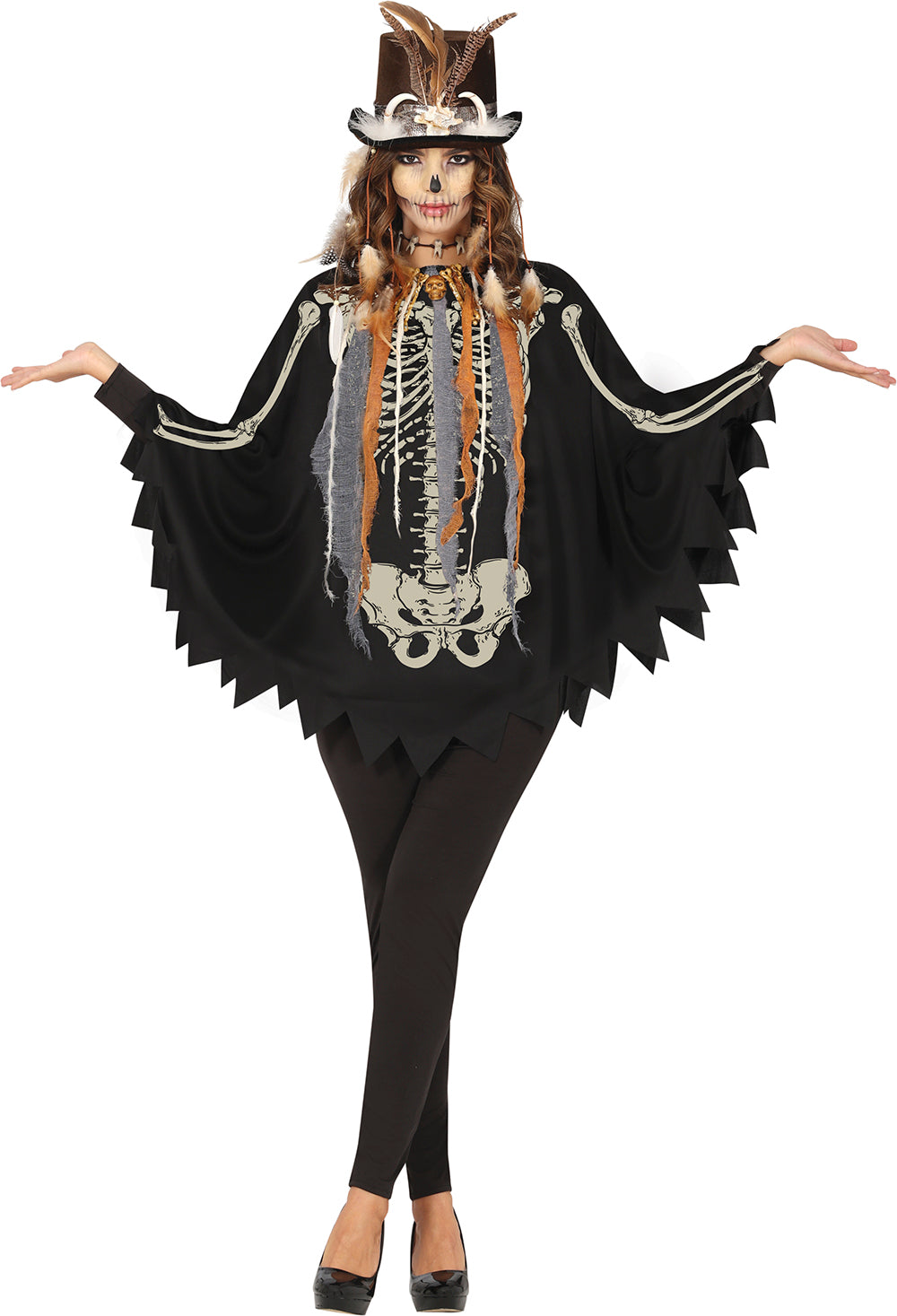 GP88893 – Skelett Halloween Poncho Kostüm – Größe: 42 - 44 (L) – Farbe: Schwarz