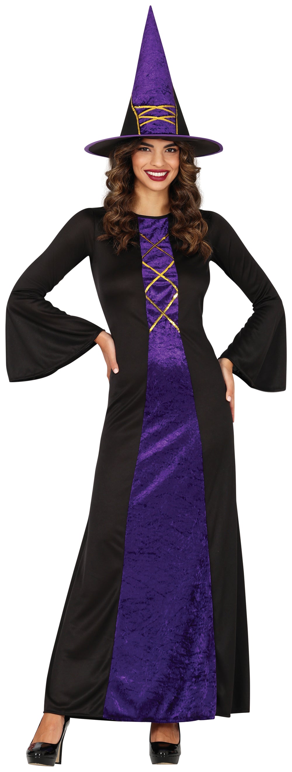 GP88942 – Hexe Halloween Kostüm Lila Schwarz – Größe: 36 - 38 (S), 38 - 40 (M), 42 - 44 (L) – Farbe: Schwarz