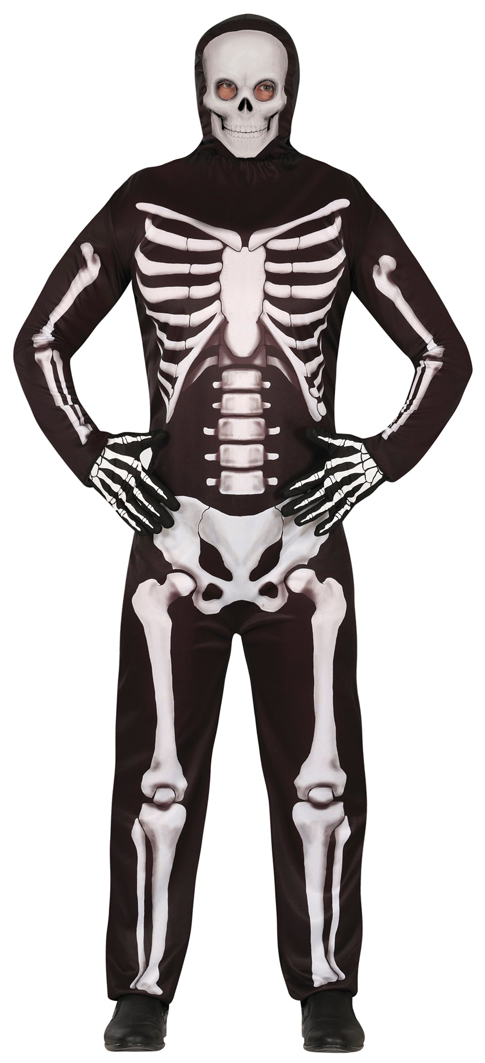 GP88955 – Skelett Halloween Kapuzenanzug Kostüm – Größe: 48 - 50 (M), 52 - 54 (L) – Farbe: Schwarz