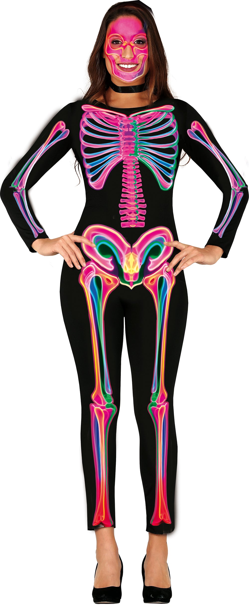 GP88959 – Halloween Skelett Einteiler Neon Bunte Knochen – Größe: 38 - 40 (M), 42 - 44 (L) – Farbe: Mehrfarbig