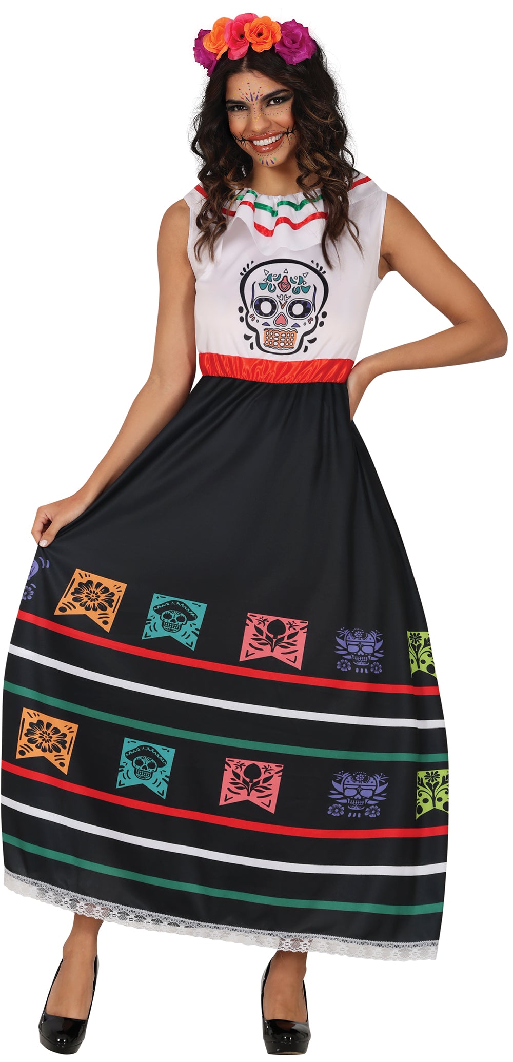GP88985 – Tag Der Toten Eleganz Catrina Stil – Größe: 38 - 40 (M), 42 - 44 (L) – Farbe: Schwarz / Weiß