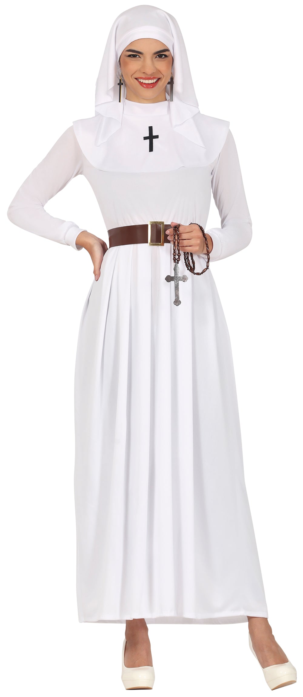 GP89016 – Nonne Kostüm Weiß Kreuz Karneval Feier – Größe: 38 - 40 (M), 42 - 44 (L) – Farbe: Weiß