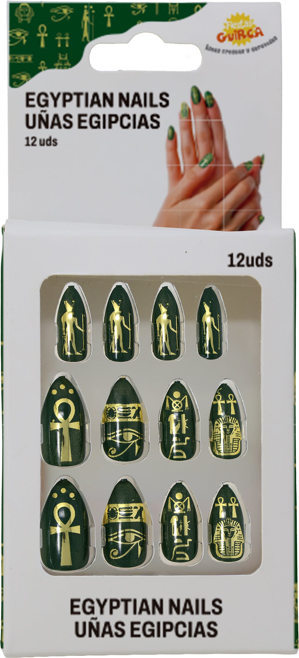 GP15981 – Motiv Kunstnägel für Erwachsene 12 Stück – Farbe: Grün / Gold