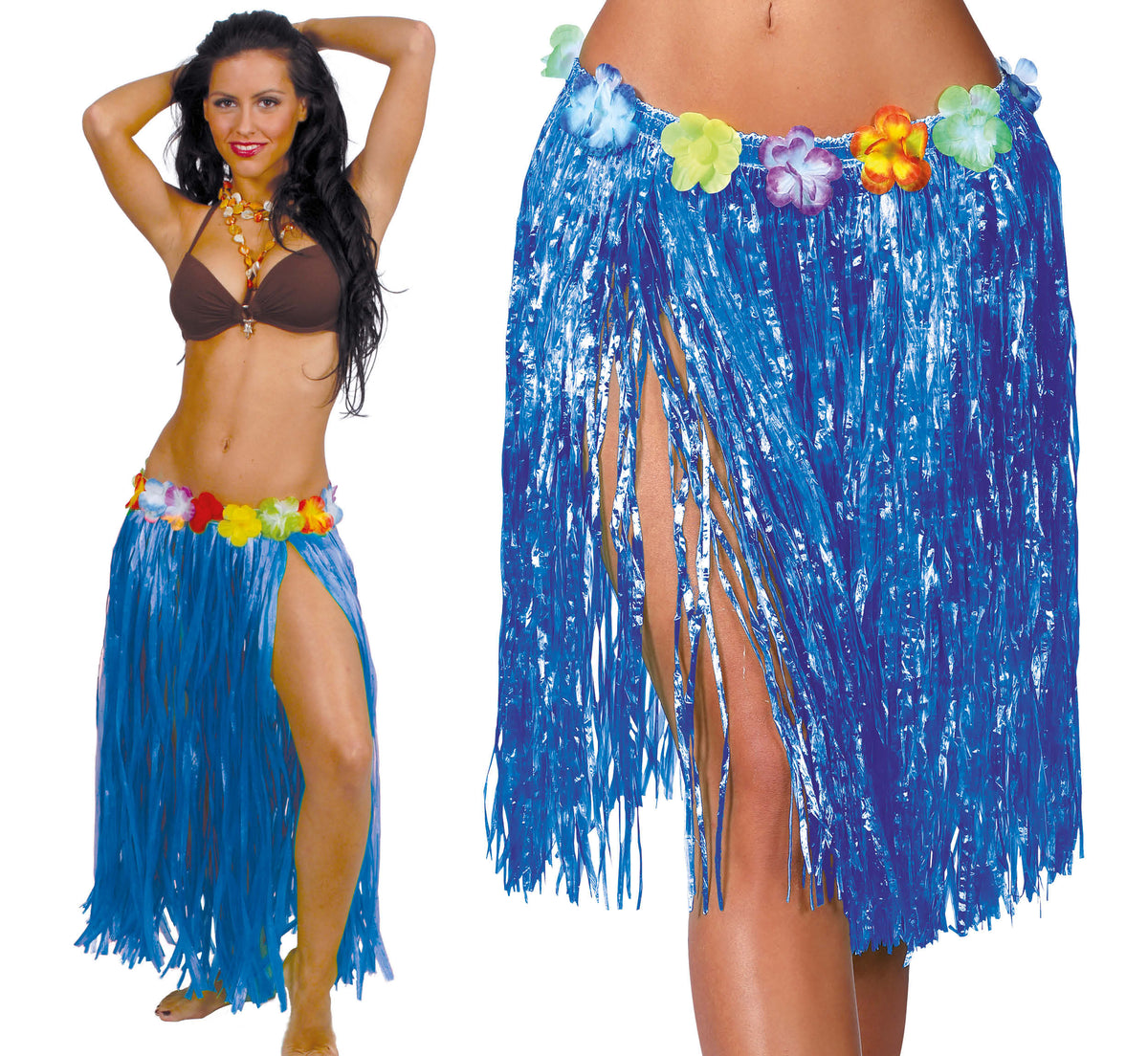 GP17637 – Langer Hawaii Rock für Damen 75 cm mit Blumen – Farbe: Blau