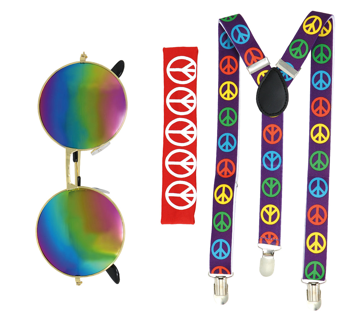 GP18848 – Hippie Accessoire Set für Erwachsene 3 teilig – Farbe: Mehrfarbig