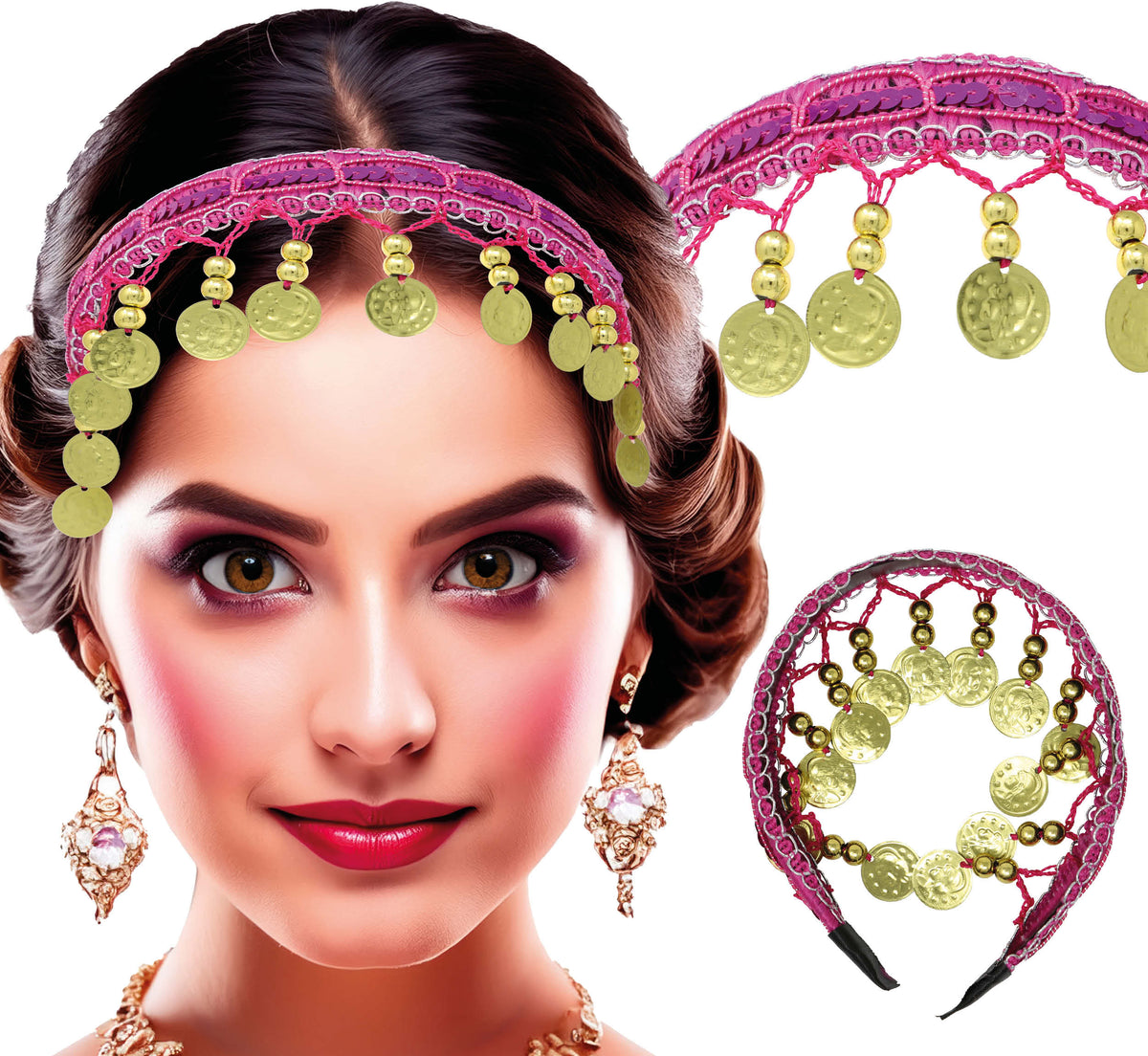 GP13770 – Münzen Haarreif für Damen mit Goldmünzen – Farbe: Pink / Gold