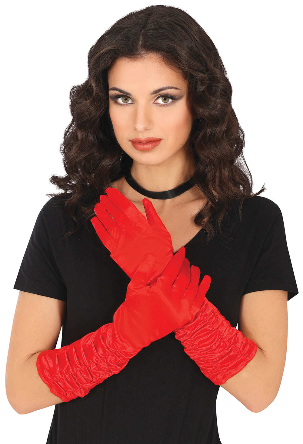 GP17868 – Glamour Handschuhe für Damen 40 cm gerafft – Farbe: Rot