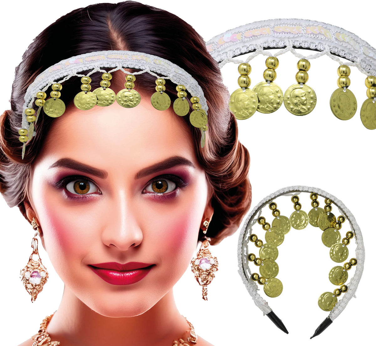 GP13770 – Münzen Haarreif für Damen mit Goldmünzen – Farbe: Weiß / Gold