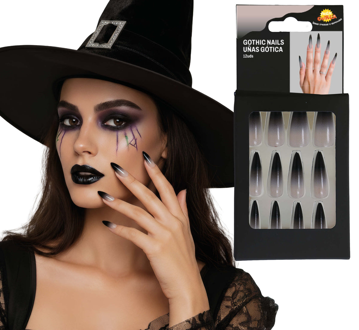 GP15920 – Lange Kunstnägel für Damen Stiletto Gothic – Farbe: Grau-schwarz