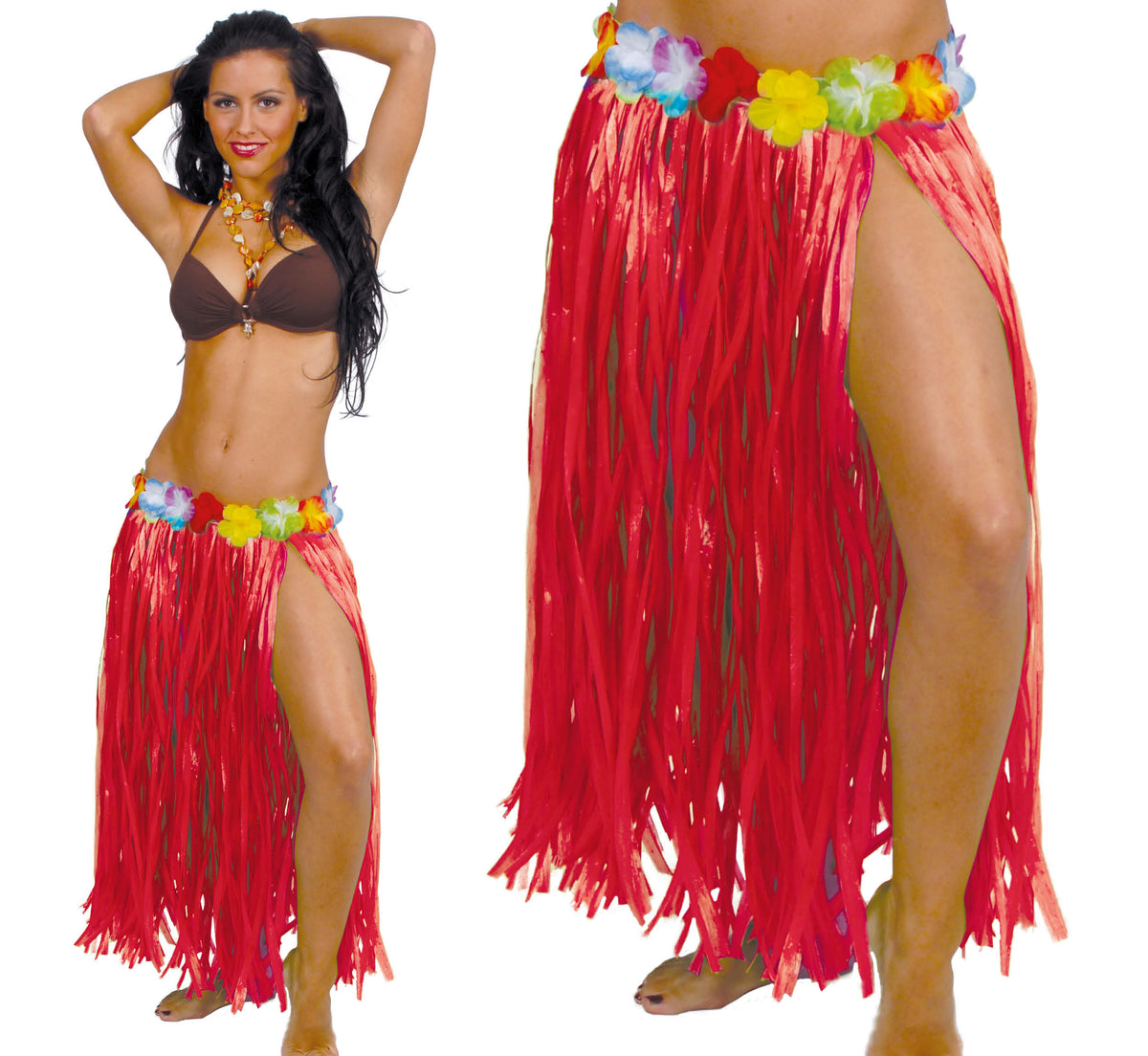 GP17637 – Langer Hawaii Rock für Damen 75 cm mit Blumen – Farbe: Rot